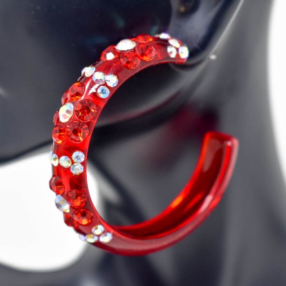 2" Flower Pattern Red Lucite Rhinestone Earrings - Picture 5 of 11